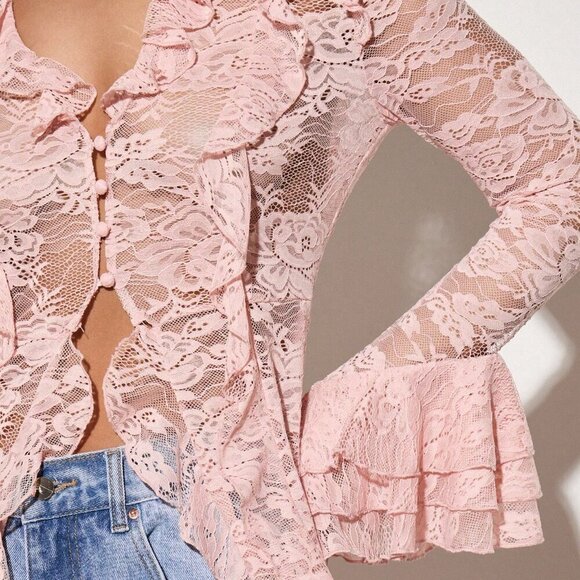 Baby Pink Sexy Women's Boho Lace Ruffle Maxi Blouse - Picture 4 of 6